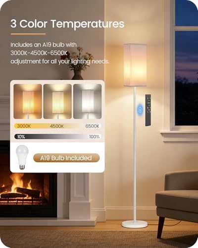 64.2'' Dimmable Floor Lamp for Living Room with Remote and Foot Switch, Corner Floor Lamp for Bedroom, Includes 10W A19 Bulb, Modern Standing Tall Lamp, ETL Listed, White WCW17LD05 - Image 3
