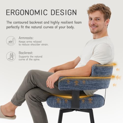 30 Inch Bar Stools Set of 2 with Full Back, Swivel Bar Chairs with Linen Padded Back, Metal Footrest, Modern Bar Height Stools for Kitchen Island, Dining, Living Room, Blue - Image 3