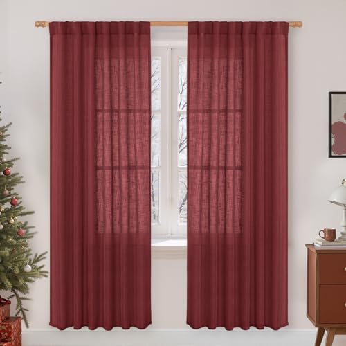 LAMIT Burgundy Red Sheer Linen Curtains, Light Filtering Drapes 2 Panels by LAMIT