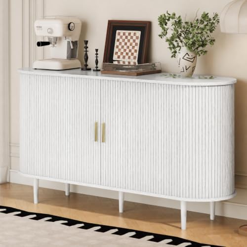 DHH Sideboard Buffet Cabinet with Storage,Mid Century Modern Fluted Accent Coffee Bar Console Table,Tambour Sliding Doors& Adjustable Shelf for Kitchen, Living Room, Entryway(White,55 Inch) by DHHFurnitureBuyNow