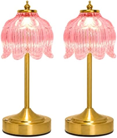 Lotus Flower Table Lamp, Cordless Rechargeable Amber Glass Bedside Lamp | 3600mAh Battery, Touch Control, 3 Color Modes & Stepless Dimming for Bedroom, Nightstand Pink 2PC by Unknown