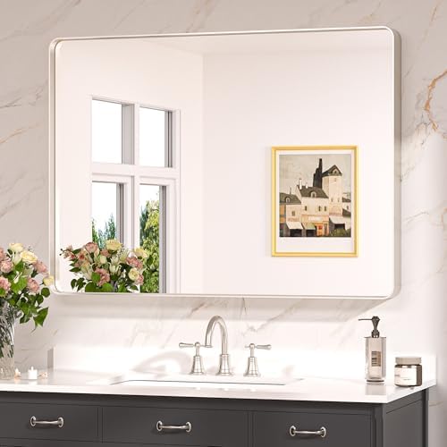 Keonjinn 40 x 30 Inch Brushed Nickel Bathroom Vanity Mirror, Tempered Glass by Keonjinn