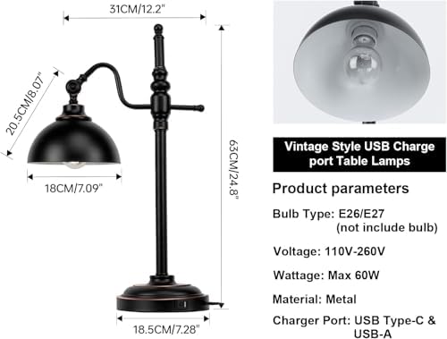 2 Pack Industrial Desk Lamp with 2 USB Charging Port,Black Metal Table Lamp,Adjustable Head Lamp with USB Port for Office Living Room Dorm Farmhouse Reading - Image 2
