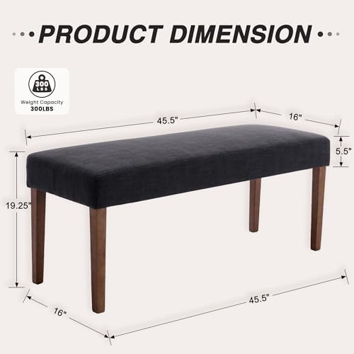 HNY Farmhouse Upholstered Dining Bench Seat Set of 2, 45" Linen Entryway Bench with Natural Wood Legs, Mid Century Modern End of Bed Bench for Kitchen Bedroom Living Room Hallway, Charcoal - Image 2