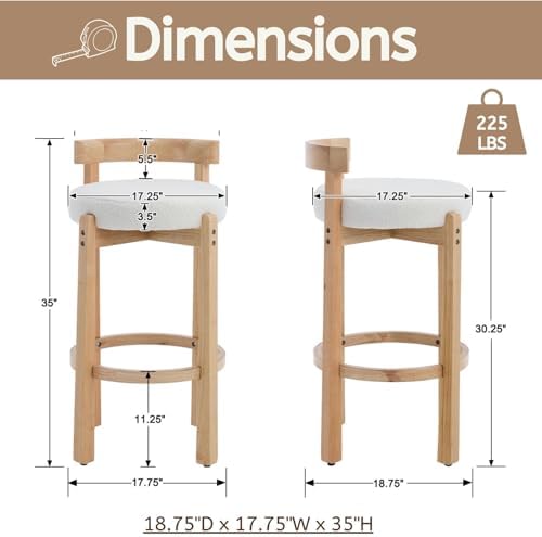LukeAlon Mid Century Sherpa Bar Stools Set of 4, 30.25" Seat Height Upholstered Barstools with Wood Legs Modern Tall Bar Chair with Curved Low Back Round Footrest for Pub Home Kitchen Island, White - Image 2