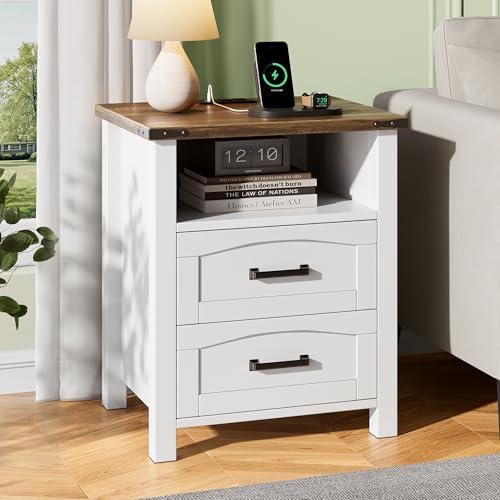 Decofy Farmhouse Nightstand with Charging Station, 2 Drawers by Decofy