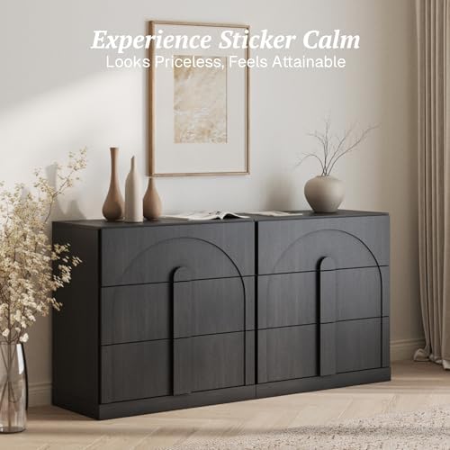 BELLEZE Sideboard Cabinet with 3 Drawers, Set of 2 Modern Wood Buffet Cabinet with Arc Design, Large Fluted Sideboard with Storage for Kitchen Living Room Entryway, Ebony - Image 4