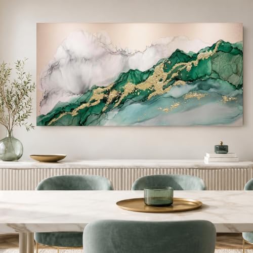 Anolyfi Emerald Green & Gold Modern Abstract Canvas Wall Art 40"x20" - Image 5