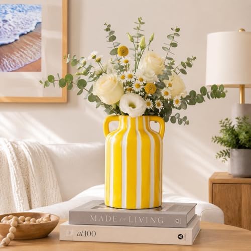 SURE YUESI Yellow Ceramic Vase with Handles, Modern Farmhouse Striped Decorative Vase, 9.1" Art Deco Tall Flower Vases for Pampas Grass, Shelf Decor, Dining Table Centerpiece, Living Room Home Decor - Image 5