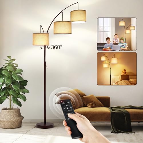 OUTON Floor Lamp with Remote Control, Modern Bright Lamps for Living Room, Adjustable 3-Light Tall Arched Lamp for Bedroom, Office, 2400lm Mid Century Design with Hanging Shade - Image 4