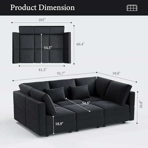 Vesgantti 92" 6 Seats Modular Sectional Sleeper Sofa with Storage, Black - Image 2