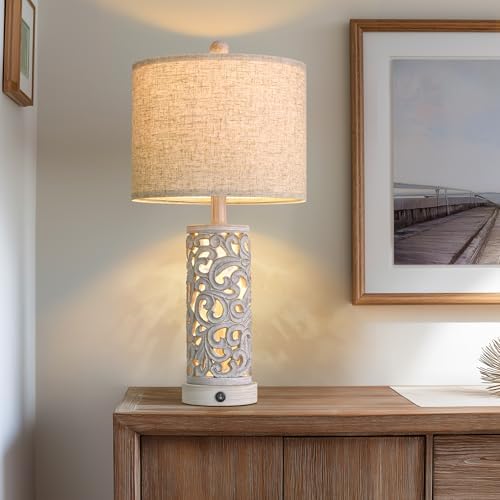 OYEARS 22'' Farmhouse Table Lamp for Living Room, Bedside Lamp with 2 USB Ports for Bedroom, Rustic Nightstand Lamp with Linen Lampshade for Office Hallway Home Decor, Distressed Grey (Bulb Included) - Image 6
