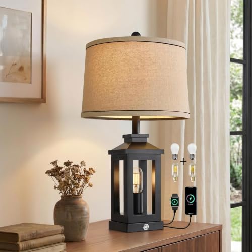 23.75" Retro Farmhouse Black Table Lamp for Living Room Bedroom Nightstand by G-SAFAVA