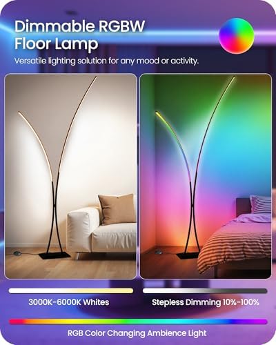 RGB Arc Floor Lamp, Dimmable Double-Light Standing Lamp, 3CCT, Remote & Foot Switch, for Living Room, Office, Bedroom, Black RB61LD05 - Image 2