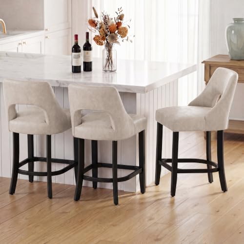UVV Bar Stools Set of 4, Modern Upholstered Counter Height Bar Stools, Faux Leather Counter Stools BarStools with Wood Legs for Kitchen Island Dining Room Bar, Beige - Image 4