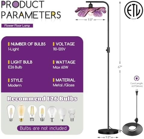 Arc floor lamp mid century modern tall lamp Dimmable floor lamp for Bedroom ,67" Black Standing Lamps vintage floor lamps Purple glass Flower floor light for Living Room corner Study Office Home - Image 4
