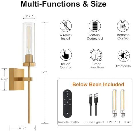 Wireless Wall Sconces with Remote Control, Brushed Gold Battery Operated Wall Sconce Set of 2, Dimmable Rechargeable Wall Decor Lights for Living room Dining room Bathroom Bedroom Hallway Stairwell - Image 6