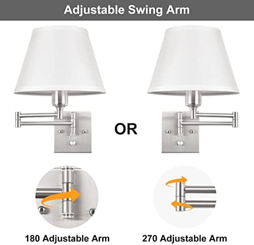 TRLIFE Wall Sconces Plug in, Remote Control Dimmable Wall Sconce and Adjustable Color Temperature 2700K-6500K, Swing Arm Wall Lights with Plug in Cord, 9.4" Medium White Fabric Shade(2 Pack, 2 Bulbs) - Image 5