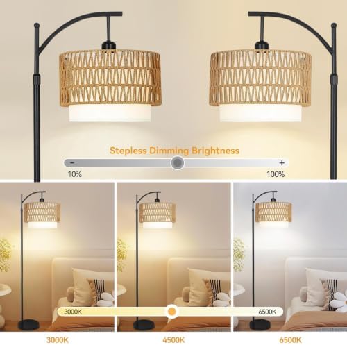 ZECOXOL Arc Floor Lamp for Living Room Boho Floor Lamps with Remote Control & with 3 Color Temperatures,Rattan Wicker Standing Lamp Dimmable Tall Floor Lamp for Bedroom Living Room Corner - Image 2