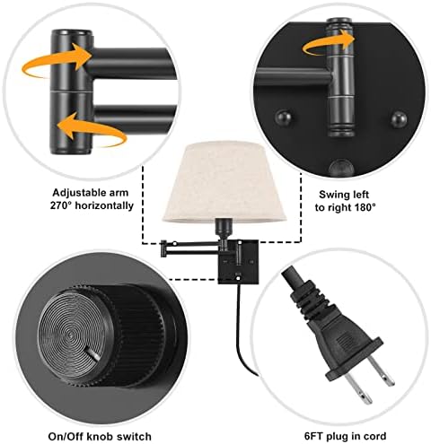TRLIFE Wall Sconce Plug in, Remote Control Dimming 10-100% and Adjustable Color Temperature 2700K-6500K Swing Arm Wall Lights with Plug in Cord, 11.8" Large Beige Fabric Shade(2 Pack, 2 Bulbs) - Image 4