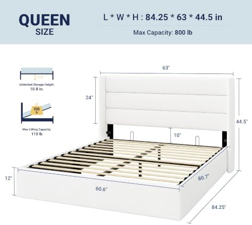 Allewie Queen Size Lift Up Hydraulic Storage Bed Frame White - Image 2