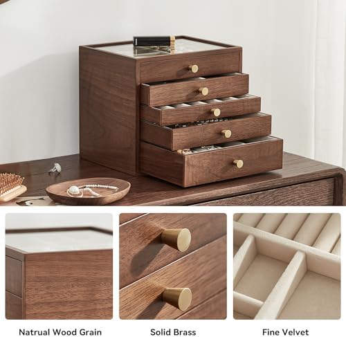 CHOSIN Black Walnut Wooden Jewelry Box Women large 5 Level Drawer Organizer Box with Glass Lid for Necklaces Watch Necklace Ring Earring Storage, Ideal Gift for Her - Image 3