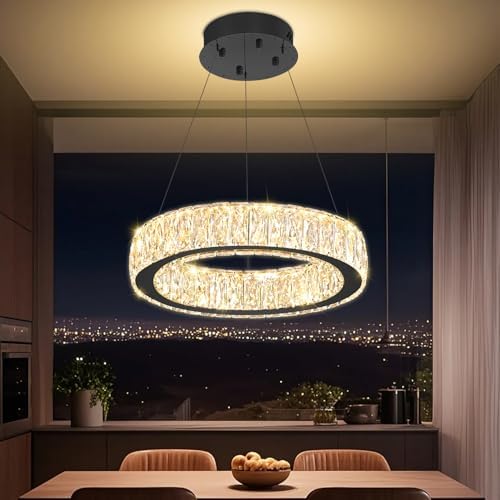 Modern LED Ring Pendant Light Dimmable Crystal Chandelier 15.7in Black Crystal Chandelier for Dining Room Living Room - Image 3