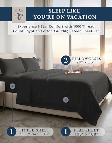 LANE LINEN California King Sheet Sets Cooling 100% Egyptian Cotton - Black - Image 2