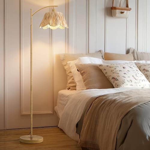 Oneach Boho Floor Lamp for Living Room, Farmhouse Standing Lamp with Foot Switch, Corner Reading Lamps for Bedroom with Hand-Woven Shade, Light Woodgrain Metal Base & Pole - Image 4