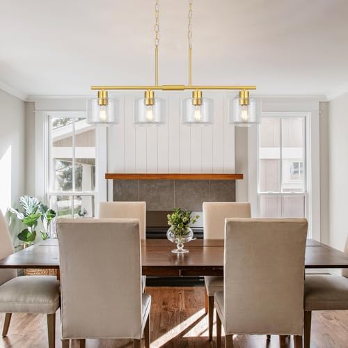 4-Light Brushed Gold Kitchen Island Lighting, Modern Linear Dining Room Chandelier Light Fixtures with Clear Glass and Chain, Mid Century Hanging Lights for Kitchen Island, OS-YQ8153-4ISBGC - Image 6
