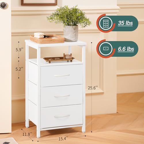 Yoobure Night Stand with Charging Station, White Nightstand with 3 Fabric Drawers & USB Ports and Outlets, LED End Table and Storage Shelf, Small Dresser for Bedroom, Bedside Table for Small Space - Image 2