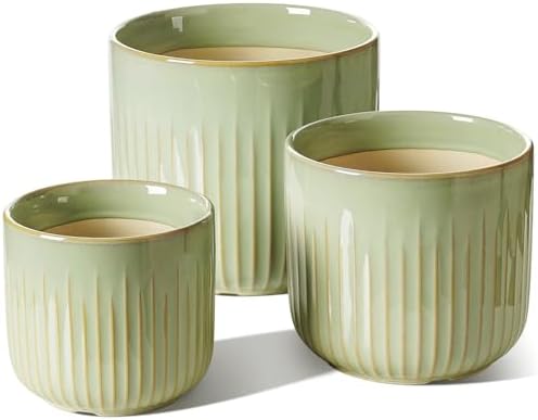 LE TAUCI Ceramic Pots for Plants, 8.3/7/6 Inch Indoor Planters with Drainage Holes & Mesh, Modern Glossy Glaze Cylinder Fluted Plant Pot for Snake Plant, Set of 3, Sage Green by LETAUCI