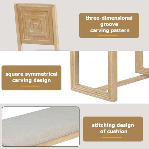 VilroCaz 6-Piece Vintage Dining Table Set, Acacia Wood Rectangular Dining Table with Designed Trestle Base and 4 Upholstered Chairs&1 Bench, Retro Kitchen Dining Room Table Set of 6 (Natural-Desig) - Image 7