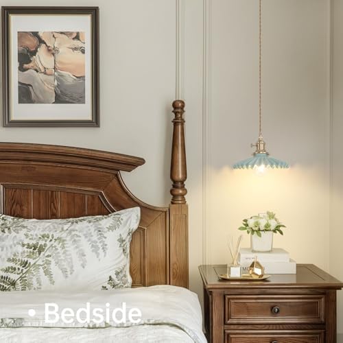 Shenmoyl Pendant Light with Green Pleated Ceramic Lmapshade, Brass Vintage Pendant Light Adjustable Hanging Light for Kitchen Island Dining Room Hallway - Image 4