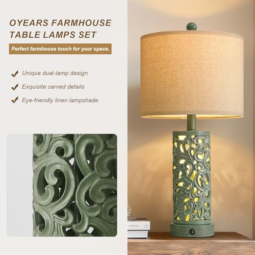 OYEARS 22'' Table Lamp Set of 2 for Living Room, Farmhouse Lamp for Bedroom, Vintage Bedside Lamps with Retro Design and USB Ports, Linen Shade for Home Office (Bulb Included, Green) - Image 4