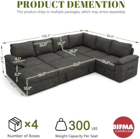 106'' Modular Sectional Sofa with Pull Out Bed, Sleeper Sofa, Dark Gray - Image 3