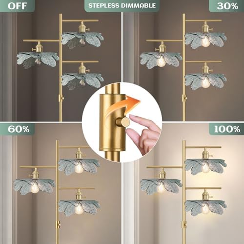 Vintage Floor Lamp Farmhouse Floor Lamps for Living Room, Brass Tree Lamps Dimmable Standing Lamp Tall Lamps with Dark Green Glass Shade, Gold Flower Floor Light for Bedroom Corner Study - Image 3