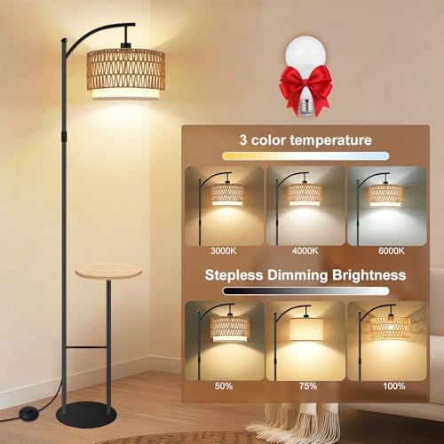 Vinaco Rattan Boho Floor Lamp with Table, Dimmable Remote & Foot Switch - Image 2