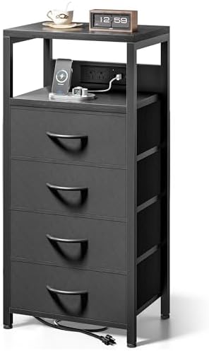 Lazzanto Night Stand with Charger Station, 4 Fabric Drawers, Black by Lazzanto