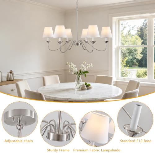 35.83" Brushed Nickel Chandeliers for Dining Room with Fabric Shade 6 Light - Image 3