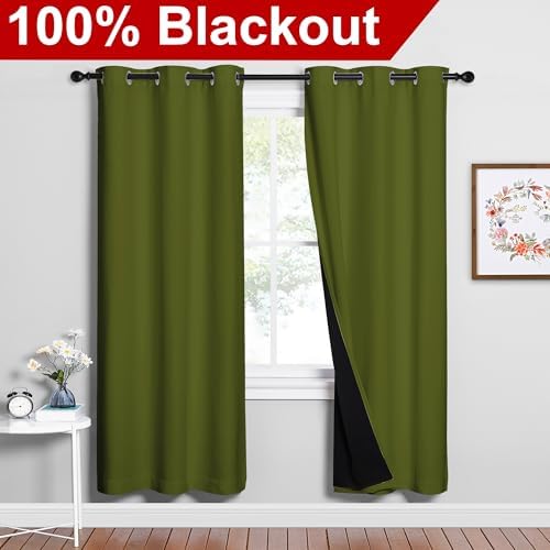 NICETOWN Olive Green Full Shade Curtain Panels, 37" Wide x 70" Long, Olive Green, Pair of Thermal Insulated & Energy Efficiency Blackout Drapes for Living Room, Lined Silky Performance Window Dressing - Image 2