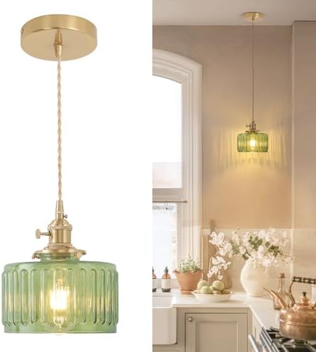 Shenmoyl Pendant Light with Green Striped Glass Lmapshade, Brass Vintage Pendant Light Adjustable Hanging Light for Kitchen Island Dining Room Hallway by Shenmoyl