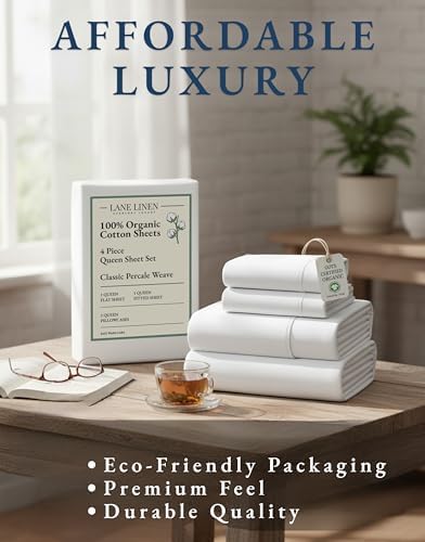 LANE LINEN Queen Sheets 100% Organic Cotton 4pc Percale Cooling - White - Image 7