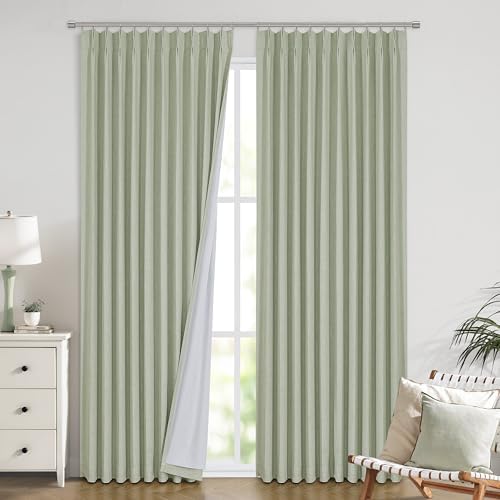 Vision Home Soft Green Pinch Pleated Full Blackout Curtains Linen Blended Room Darkening Window Curtains 120 inch for Living Room Bedroom Thermal Insulated Pinch Pleat Drapes with Hooks 60" Wx120 Lx1 - Image 2