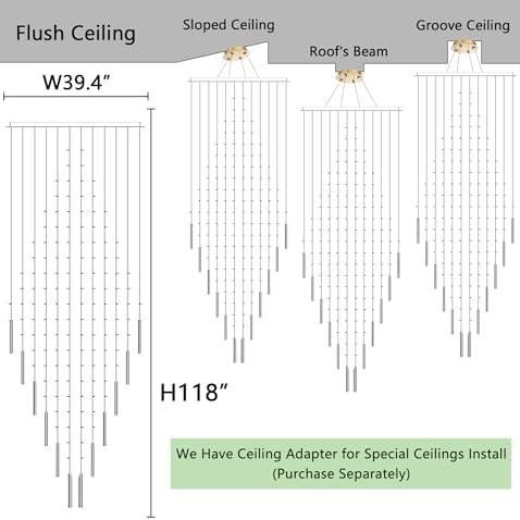 HAIXIANG W40 x H120 Glam Chandelier with LED Bulbs Square Chandeliers, Crystal Raindrop High Ceiling Pendant Light for Entrance Large Villa Foyer Lighting Fixtures Gold - Image 2