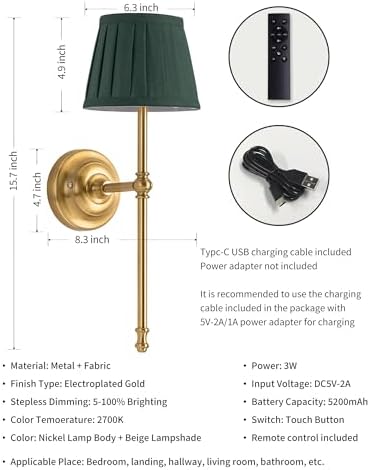 KDG Gold Cordless Wall Sconces Set of 2, Green Fabric LED Wall Lamps - Image 5