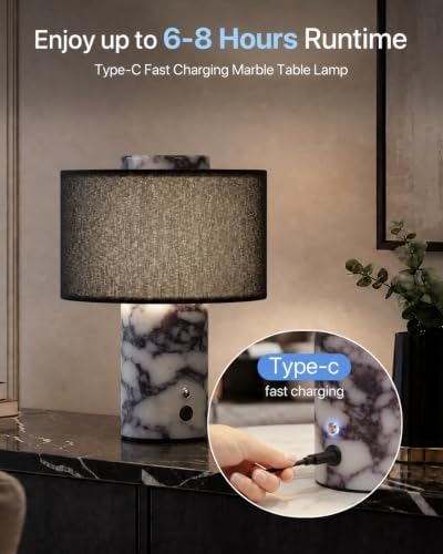 Marble Table Lamp with Battery: Black Linen Shade, Touch Control - Image 3