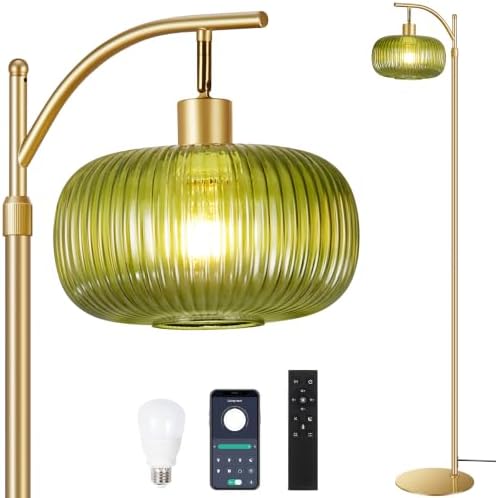Green Floor Lamp for Living Room, Modern Glass Standing Lamp with Remote, Dimmable Brass Tall Lamp Retro Vintage Glass Tall Lamp Floor Light Boho, 12W LED Bulb Included by DONDDA
