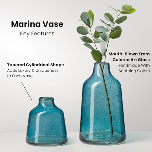 Torre & Tagus 6 Inch Tall Blue Glass Vase with Gold Flakes, Mouth Blown Glass Vase Blue Flower Vase Centerpieces, Watertight for Hydroponic Plants, Coastal Decor Accents (Marina) - Image 3