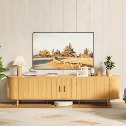 70" Mid Century Modern TV Stand, Wood TV Consoles with Sliding Doors and Power Outlet, Entertainment Center with Adjustable Shelves, Fluted TV Stands for Living Room, Oak - Image 2